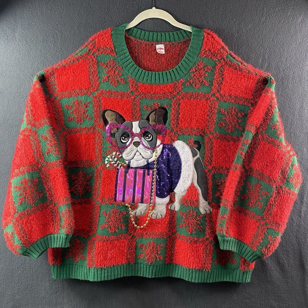 Holiday Time Women's Ugly Christmas Sweater French Bulldog Size 3XL Red Green